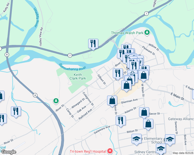 map of restaurants, bars, coffee shops, grocery stores, and more near 56 River Street in Sidney