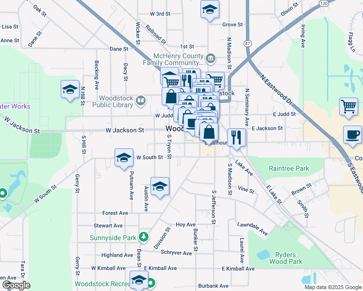 map of restaurants, bars, coffee shops, grocery stores, and more near 200 South Throop Street in Woodstock