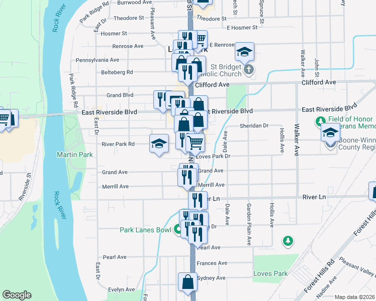 map of restaurants, bars, coffee shops, grocery stores, and more near 5634 North 2nd Street in Loves Park