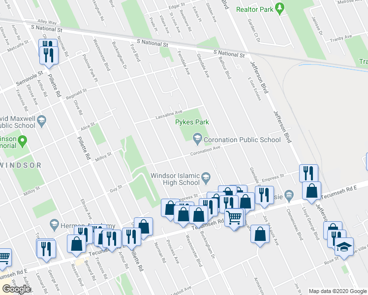 map of restaurants, bars, coffee shops, grocery stores, and more near 1872 Ford Boulevard in Windsor