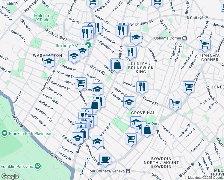 map of restaurants, bars, coffee shops, grocery stores, and more near 318-320 Blue Hill Avenue in Boston