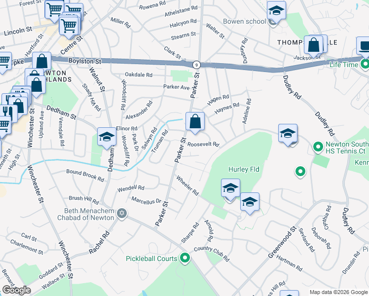 map of restaurants, bars, coffee shops, grocery stores, and more near 402 Parker Street in Newton