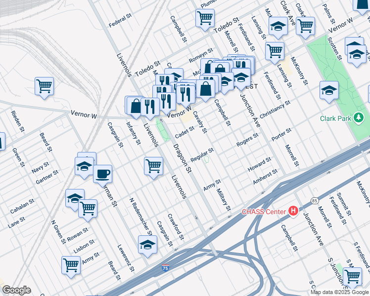 map of restaurants, bars, coffee shops, grocery stores, and more near 1564 Dragoon Street in Detroit