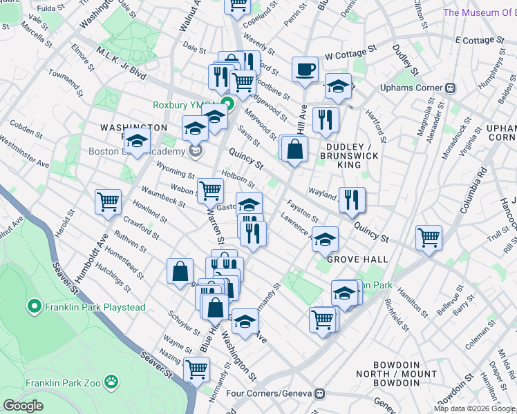 map of restaurants, bars, coffee shops, grocery stores, and more near 34 Gaston Street in Boston