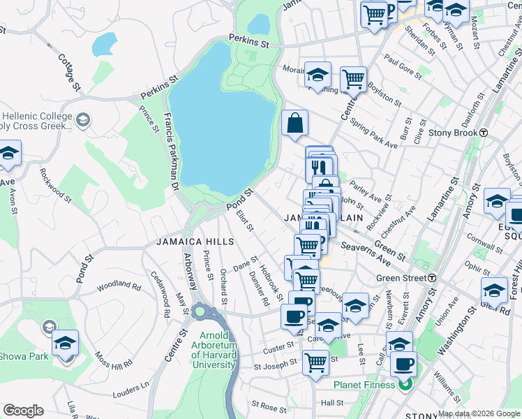 map of restaurants, bars, coffee shops, grocery stores, and more near 54 Burroughs Street in Boston