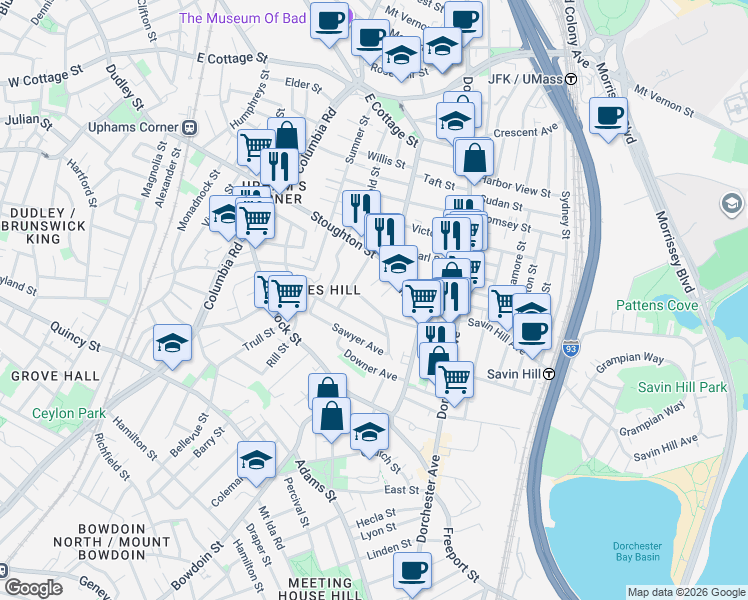 map of restaurants, bars, coffee shops, grocery stores, and more near 21 Peverell Street in Boston