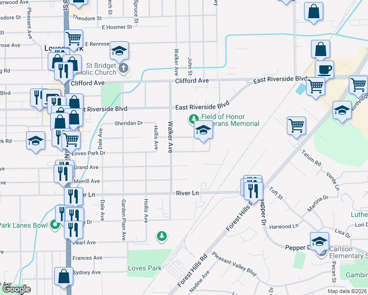 map of restaurants, bars, coffee shops, grocery stores, and more near 926 Short Street in Loves Park