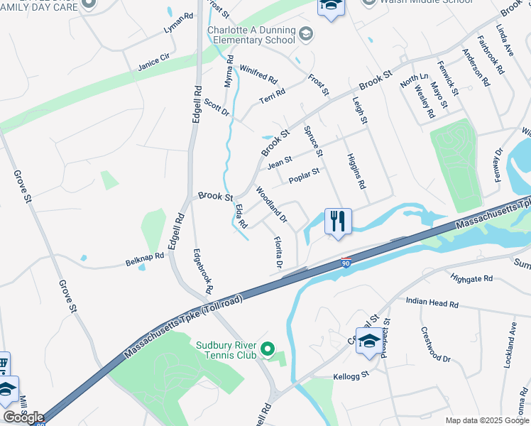 map of restaurants, bars, coffee shops, grocery stores, and more near 72 Elda Road in Framingham