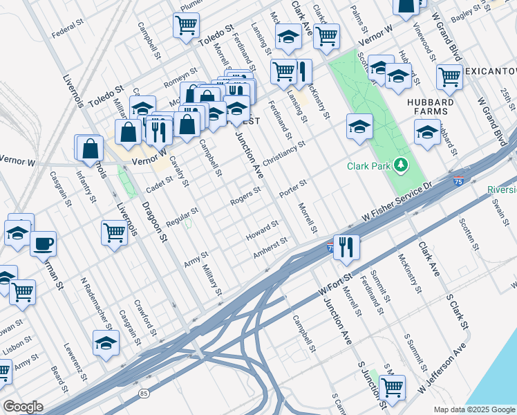 map of restaurants, bars, coffee shops, grocery stores, and more near 5650 Porter Street in Detroit