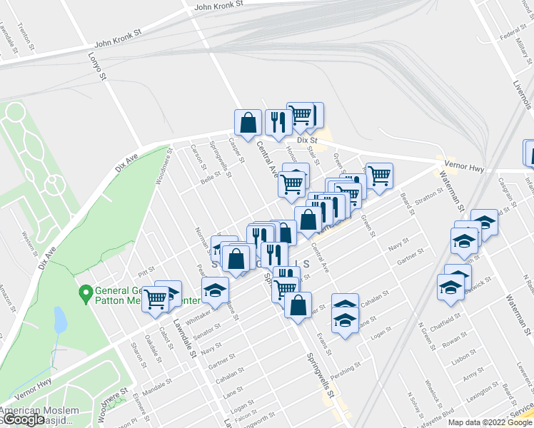 map of restaurants, bars, coffee shops, grocery stores, and more near 2427 Casper Street in Detroit