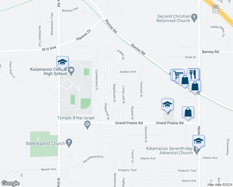 map of restaurants, bars, coffee shops, grocery stores, and more near 2238 Sagebrush Street in Kalamazoo