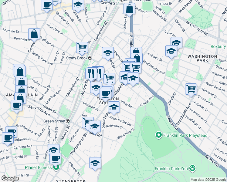 map of restaurants, bars, coffee shops, grocery stores, and more near 59 Haverford Street in Boston