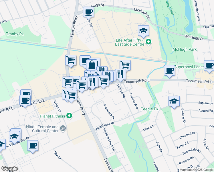 map of restaurants, bars, coffee shops, grocery stores, and more near 7777 Tecumseh Road East in Windsor