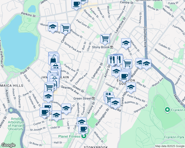 map of restaurants, bars, coffee shops, grocery stores, and more near 281 Lamartine Street in Boston