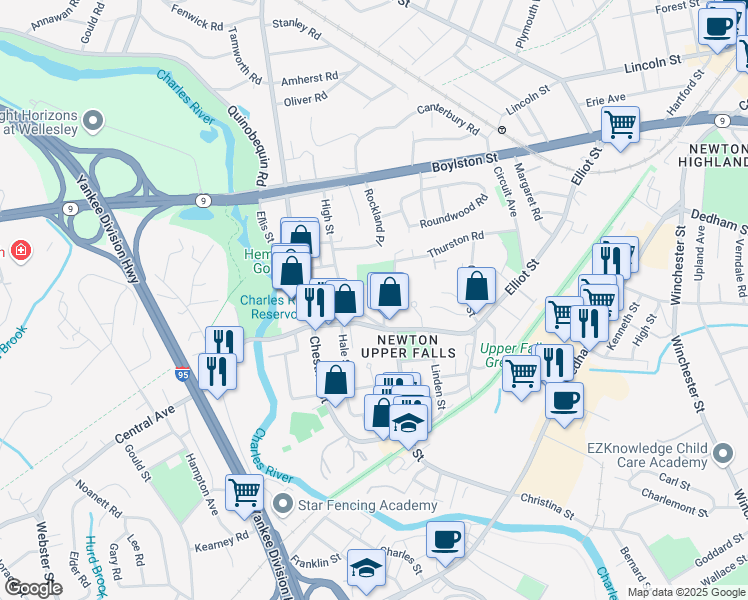 map of restaurants, bars, coffee shops, grocery stores, and more near 51 Pettee Street in Newton
