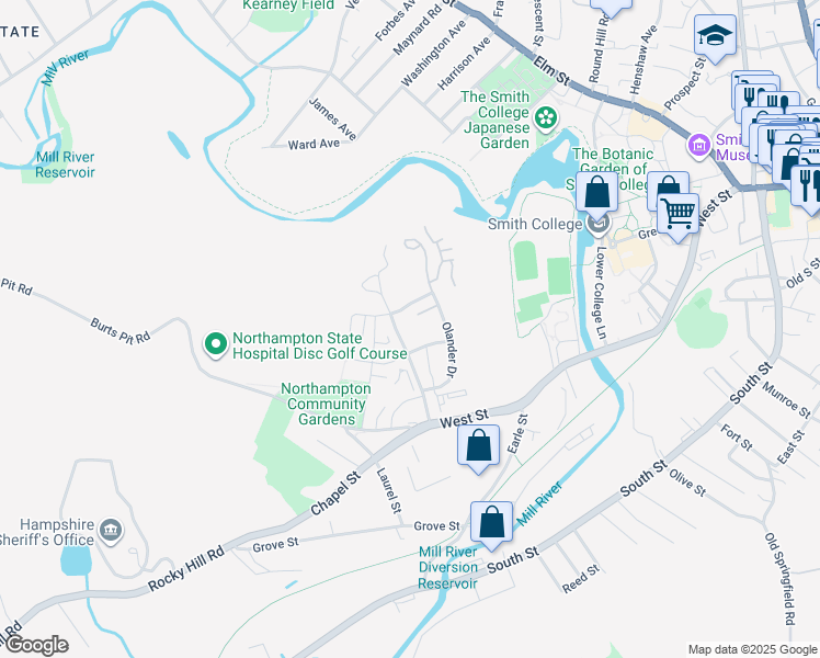map of restaurants, bars, coffee shops, grocery stores, and more near 73 Village Hill Road in Northampton