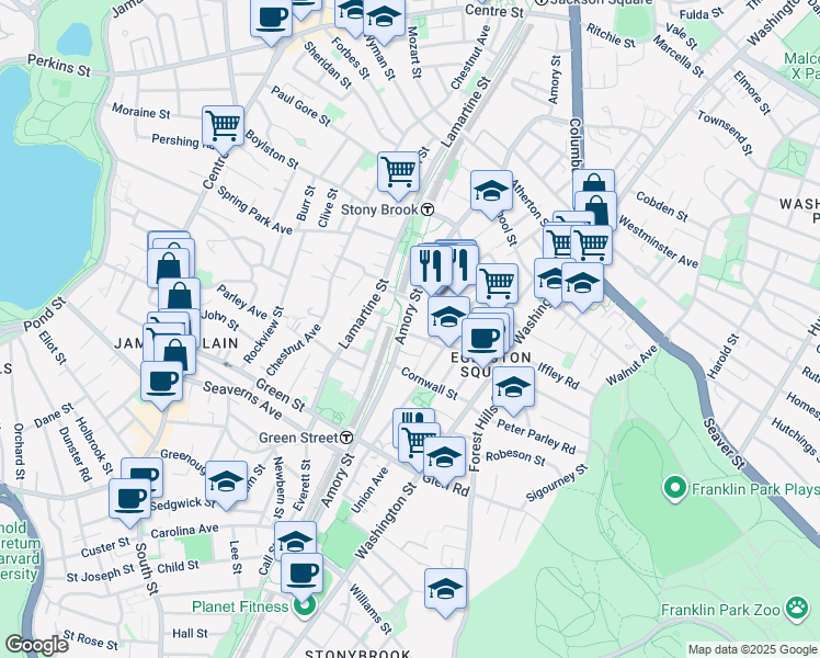 map of restaurants, bars, coffee shops, grocery stores, and more near 320 Amory Street in Boston