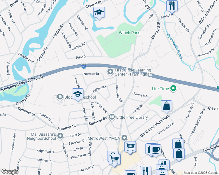 map of restaurants, bars, coffee shops, grocery stores, and more near 4 Moran Road in Framingham