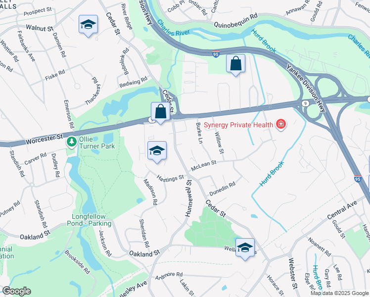 map of restaurants, bars, coffee shops, grocery stores, and more near 2 Sheehan Circle in Wellesley