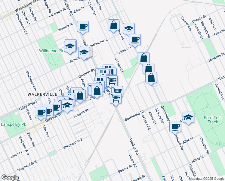 map of restaurants, bars, coffee shops, grocery stores, and more near 1320 Walker Road in Windsor