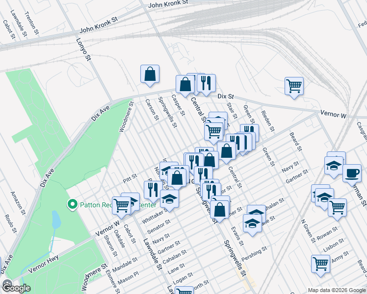 map of restaurants, bars, coffee shops, grocery stores, and more near in Detroit