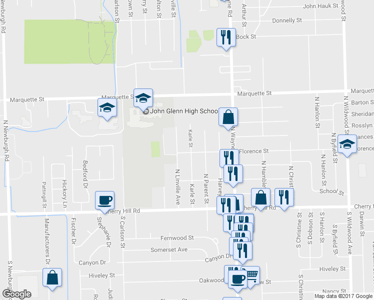 map of restaurants, bars, coffee shops, grocery stores, and more near 615 Karle Street in Westland