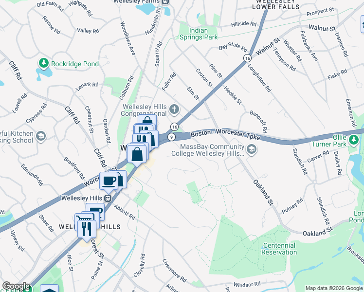 map of restaurants, bars, coffee shops, grocery stores, and more near 5 Clock Tower Drive in Wellesley