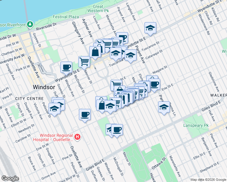 map of restaurants, bars, coffee shops, grocery stores, and more near 896 Howard Avenue in Windsor