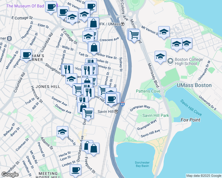 map of restaurants, bars, coffee shops, grocery stores, and more near 47 Tuttle Street in Boston