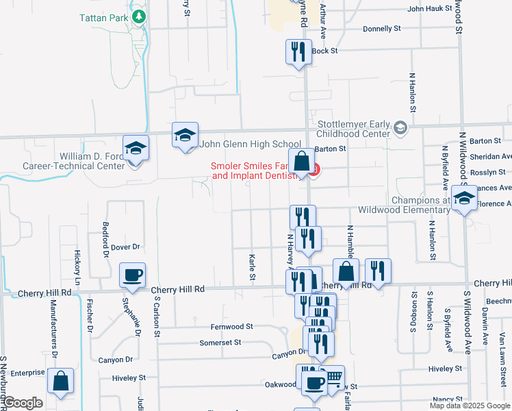 map of restaurants, bars, coffee shops, grocery stores, and more near 615 Karle Street in Westland