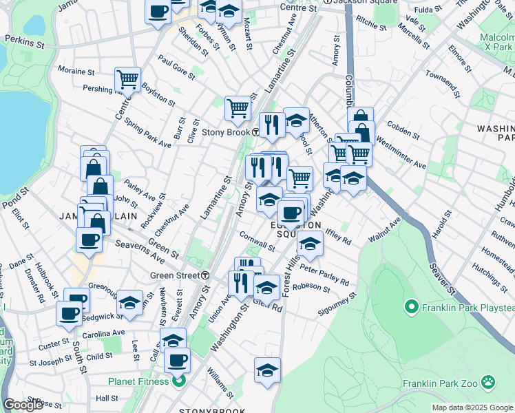 map of restaurants, bars, coffee shops, grocery stores, and more near 36 Merriam Street in Boston