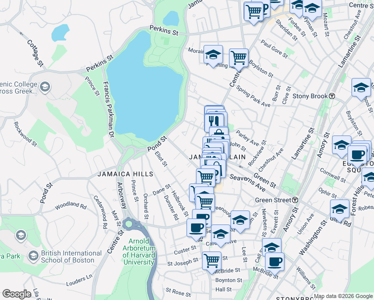 map of restaurants, bars, coffee shops, grocery stores, and more near 45 Burroughs Street in Boston