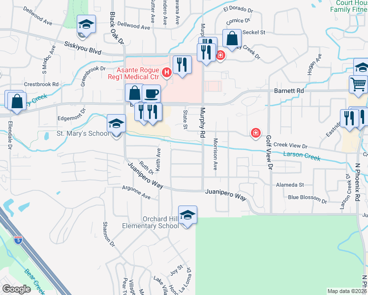 map of restaurants, bars, coffee shops, grocery stores, and more near 2823 La Mirada Drive in Medford