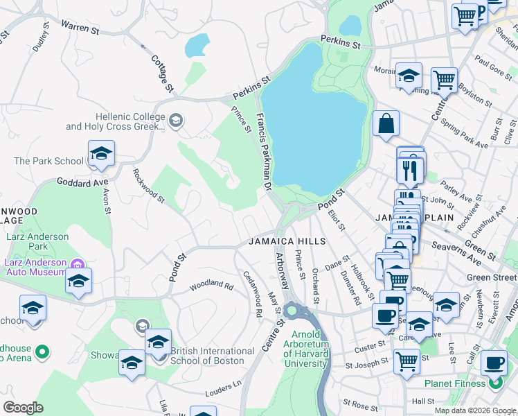 map of restaurants, bars, coffee shops, grocery stores, and more near 19 Pond Circle in Boston