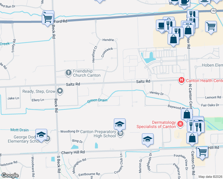 map of restaurants, bars, coffee shops, grocery stores, and more near 46625 Saltz Road in Canton