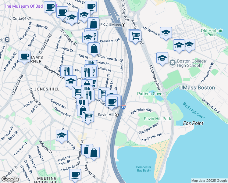 map of restaurants, bars, coffee shops, grocery stores, and more near 47 Tuttle Street in Boston