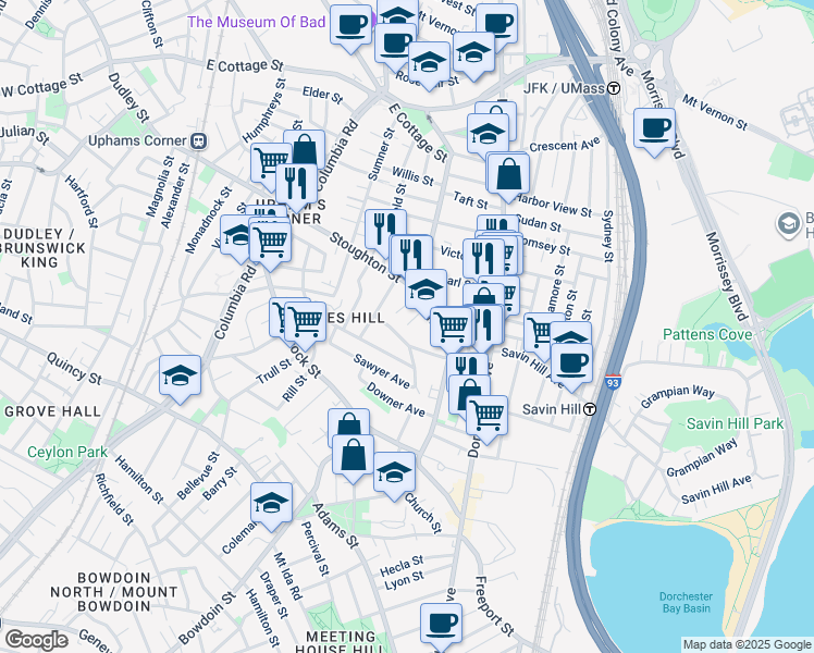 map of restaurants, bars, coffee shops, grocery stores, and more near 21 Peverell Street in Boston