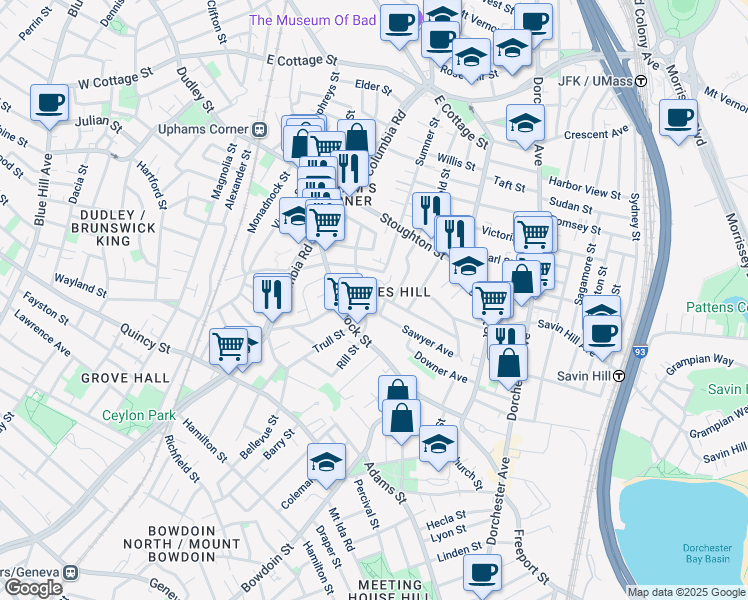 map of restaurants, bars, coffee shops, grocery stores, and more near 17 Rowell Street in Boston