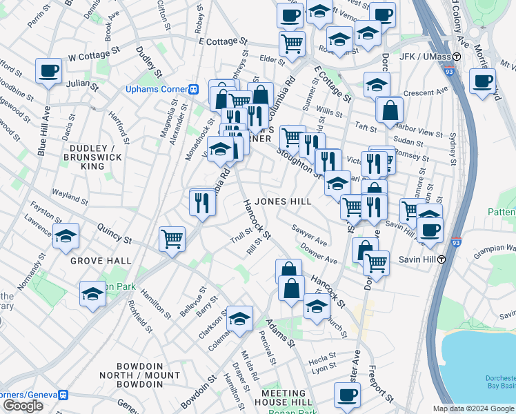 map of restaurants, bars, coffee shops, grocery stores, and more near 17 Rowell Street in Boston