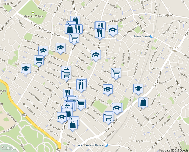 map of restaurants, bars, coffee shops, grocery stores, and more near 318-320 Blue Hill Avenue in Boston