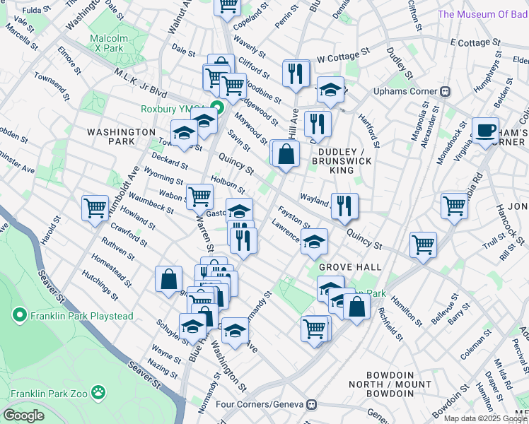 map of restaurants, bars, coffee shops, grocery stores, and more near 318-320 Blue Hill Avenue in Boston