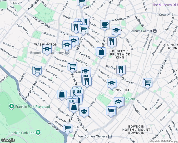 map of restaurants, bars, coffee shops, grocery stores, and more near 36 Gaston Street in Boston