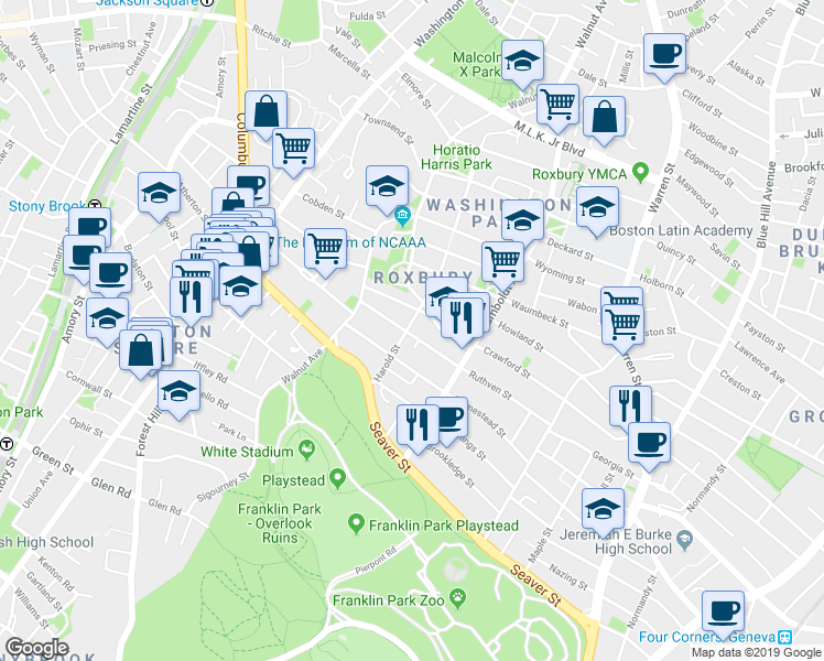 map of restaurants, bars, coffee shops, grocery stores, and more near 225 Harold Street in Boston