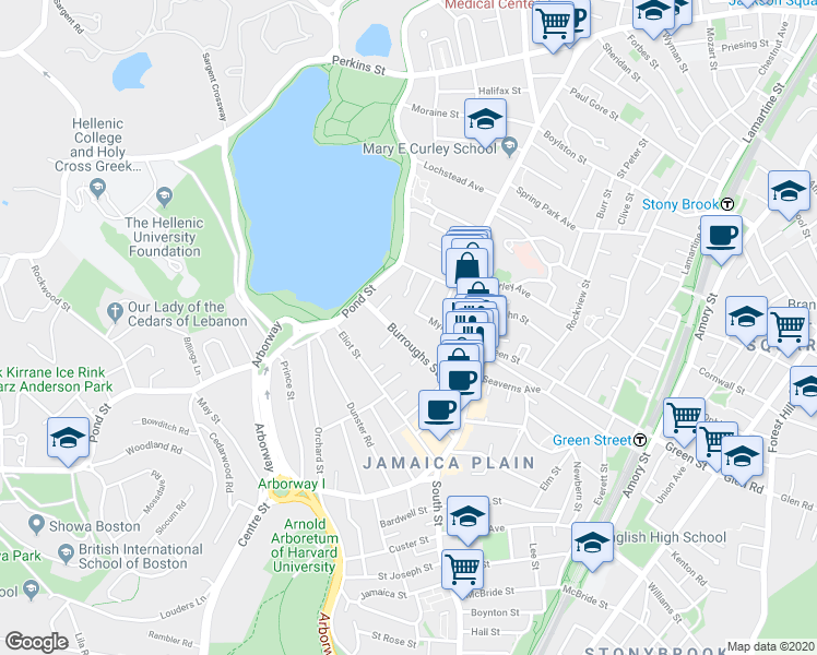map of restaurants, bars, coffee shops, grocery stores, and more near 45 Burroughs Street in Boston