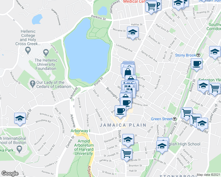 map of restaurants, bars, coffee shops, grocery stores, and more near 45 Burroughs Street in Boston