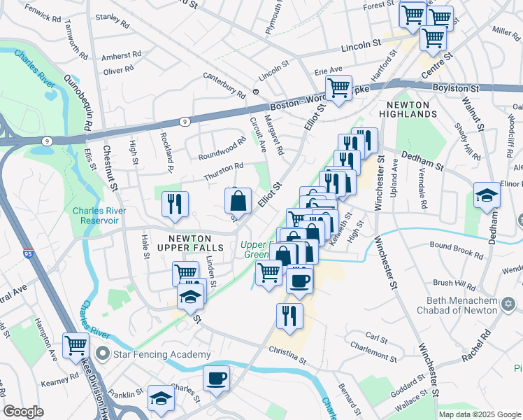 map of restaurants, bars, coffee shops, grocery stores, and more near 19 Chandler Place in Newton