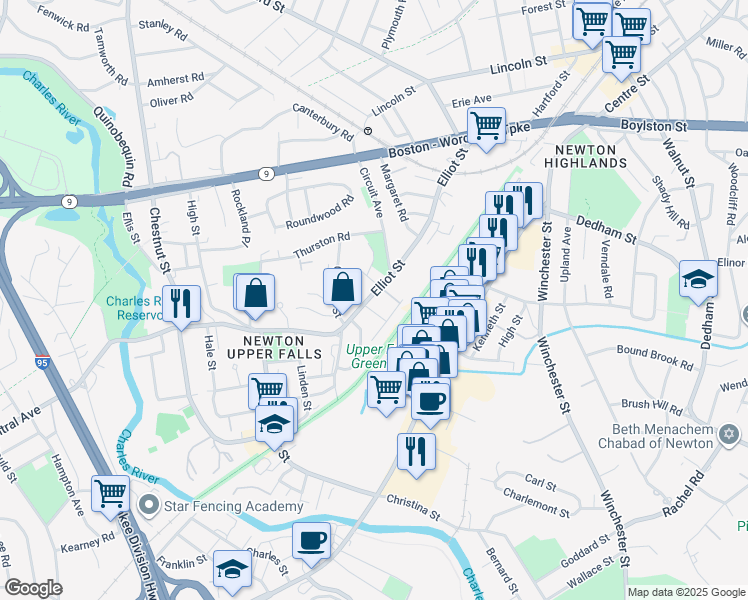 map of restaurants, bars, coffee shops, grocery stores, and more near 9 Elliot Terrace in Newton