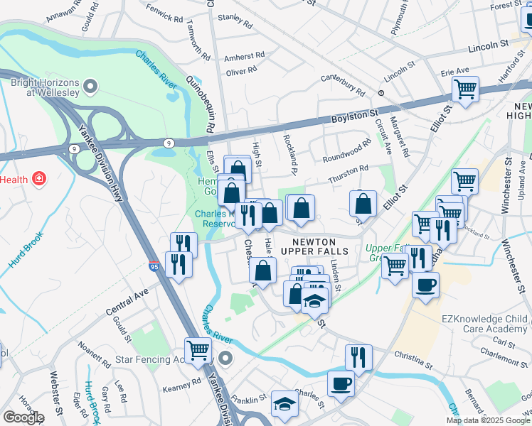 map of restaurants, bars, coffee shops, grocery stores, and more near 35 High Street in Newton