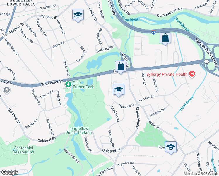 map of restaurants, bars, coffee shops, grocery stores, and more near 60 Hastings Street in Wellesley