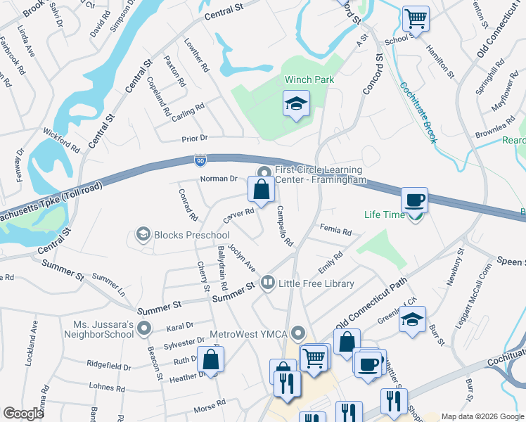 map of restaurants, bars, coffee shops, grocery stores, and more near 4 Moran Road in Framingham